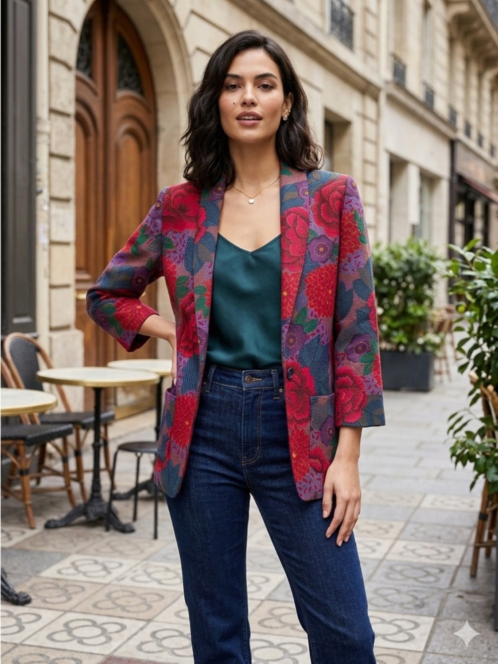 Floral Red Patterned Blazer Jacket - Women's Tailored Layer
